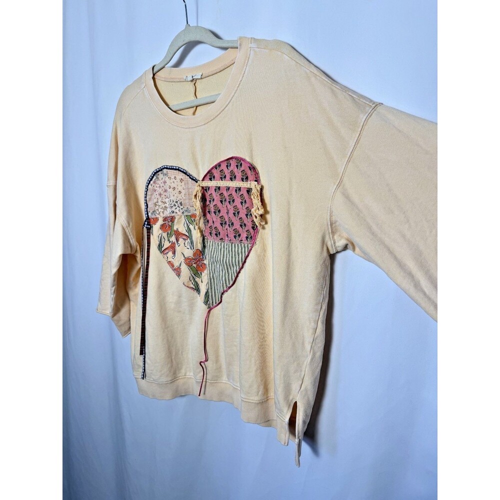 EASEL Size L Oversized Mineral Washed BOHO Heart Patch Top 100% Cotton - PEACH - Picture 4 of 10